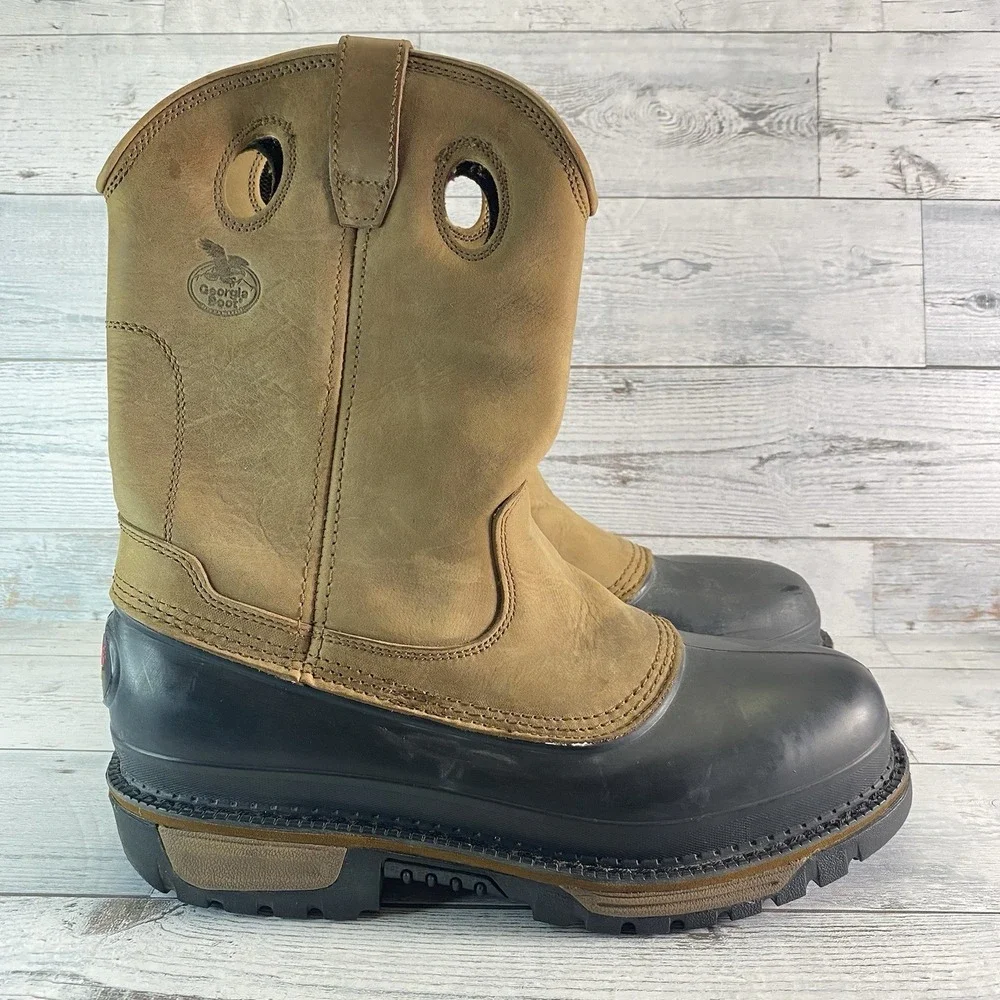Georgia Boot Mud Dog Boots Mens 12 M Brown Leather Rubber Steel Toe Waterproof